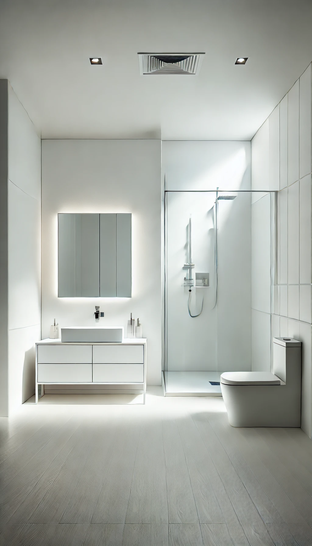 a minimalist small bathroom with sleek white walls, a floating vanity, and a large mirror