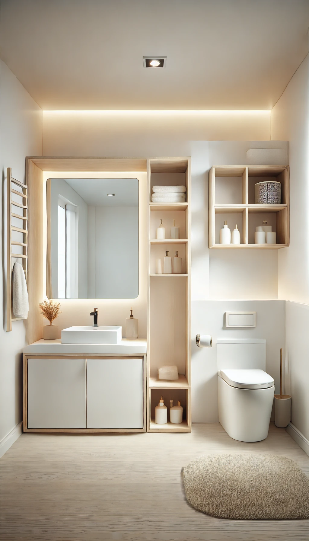 a minimalist small bathroom with space-saving storage solutions