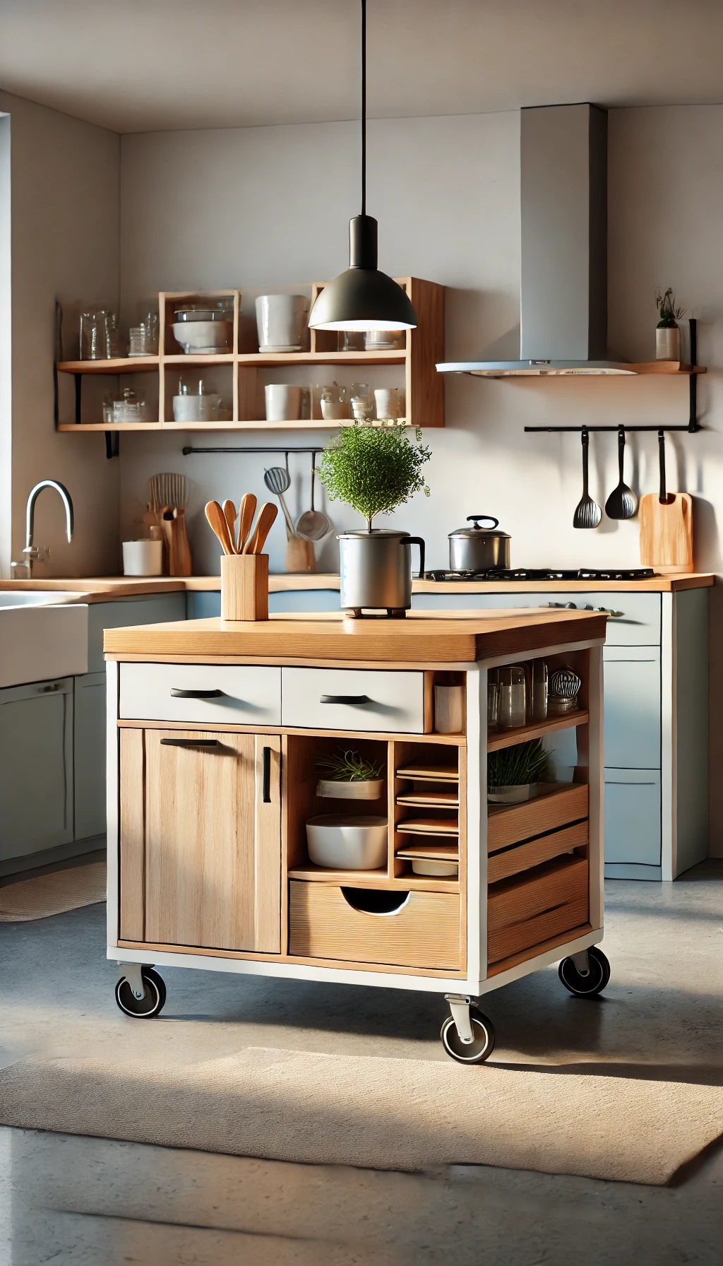 a mobile kitchen island with built-in storage, featuring shelves, drawers, and a butcher block top, placed in a modern small kitchen setting
