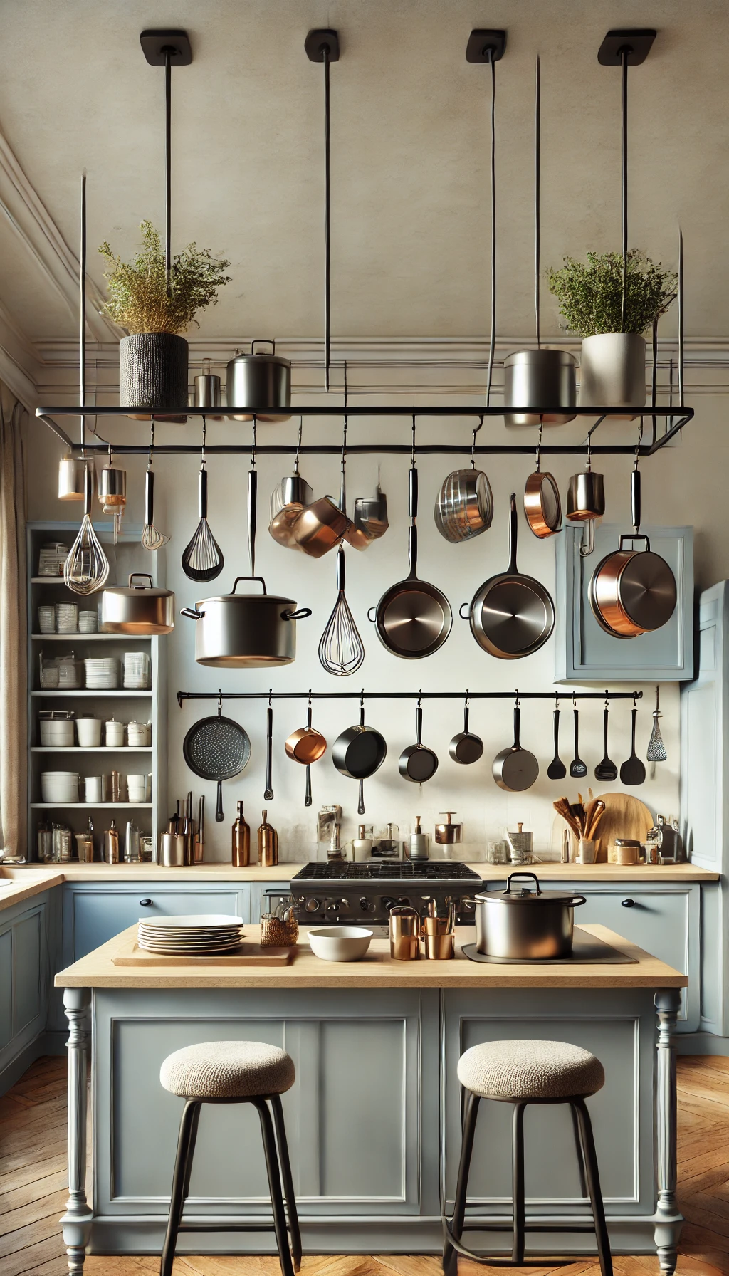 a stylish hanging pot rack suspended over a kitchen island, displaying neatly arranged pots, pans, and cooking utensils in a modern kitchen setting