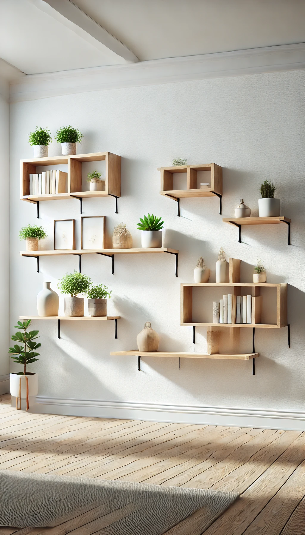 interior design photograph featuring DIY floating shelves