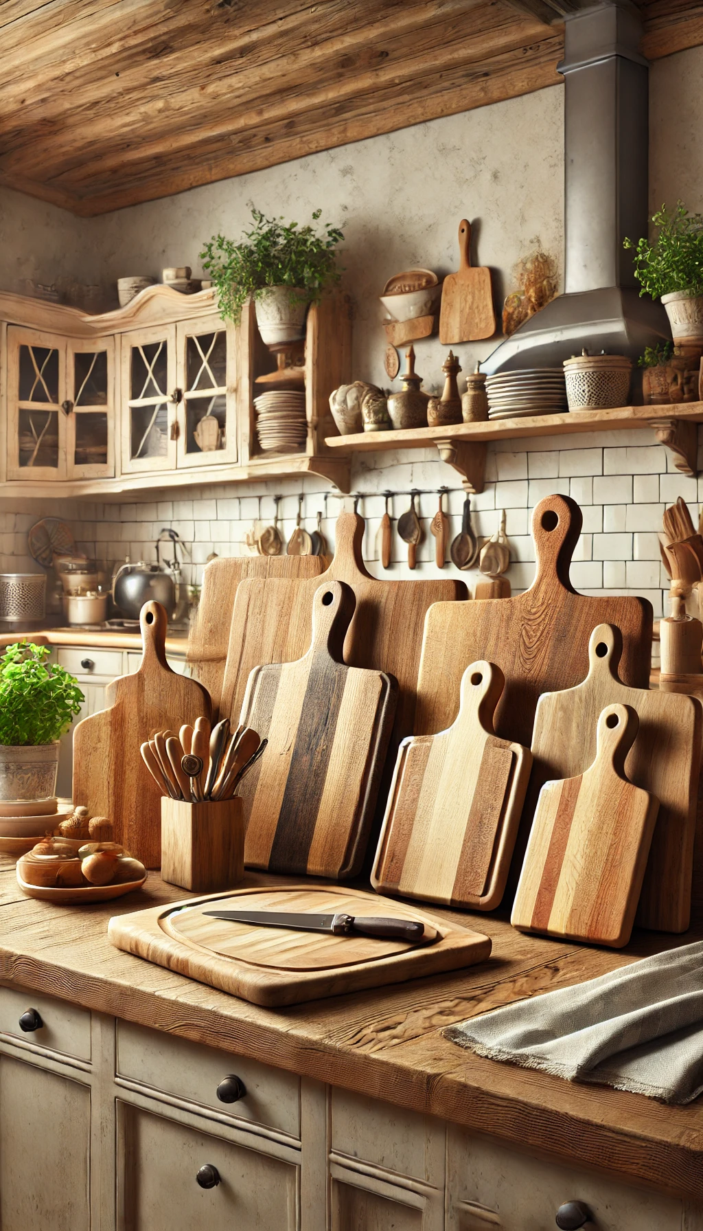 rustic European kitchen design featuring a collection of wooden cutting boards displayed on a well-lit countertop