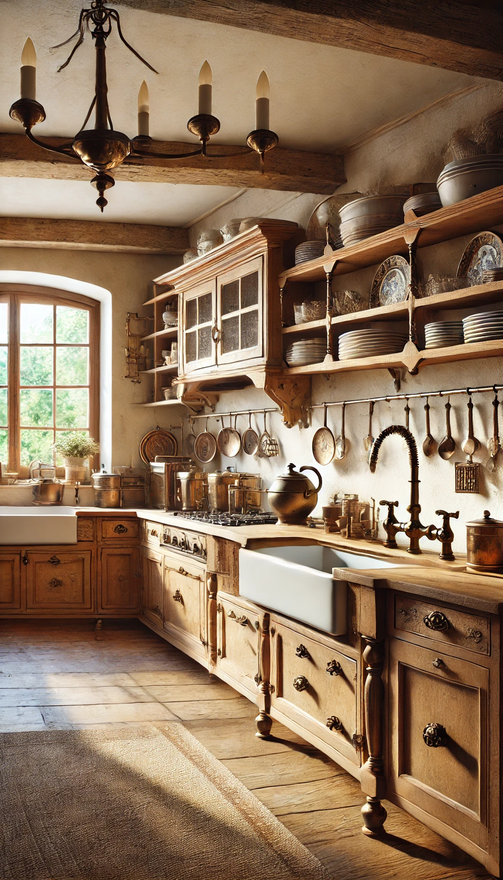 rustic European kitchen design featuring vintage-inspired hardware