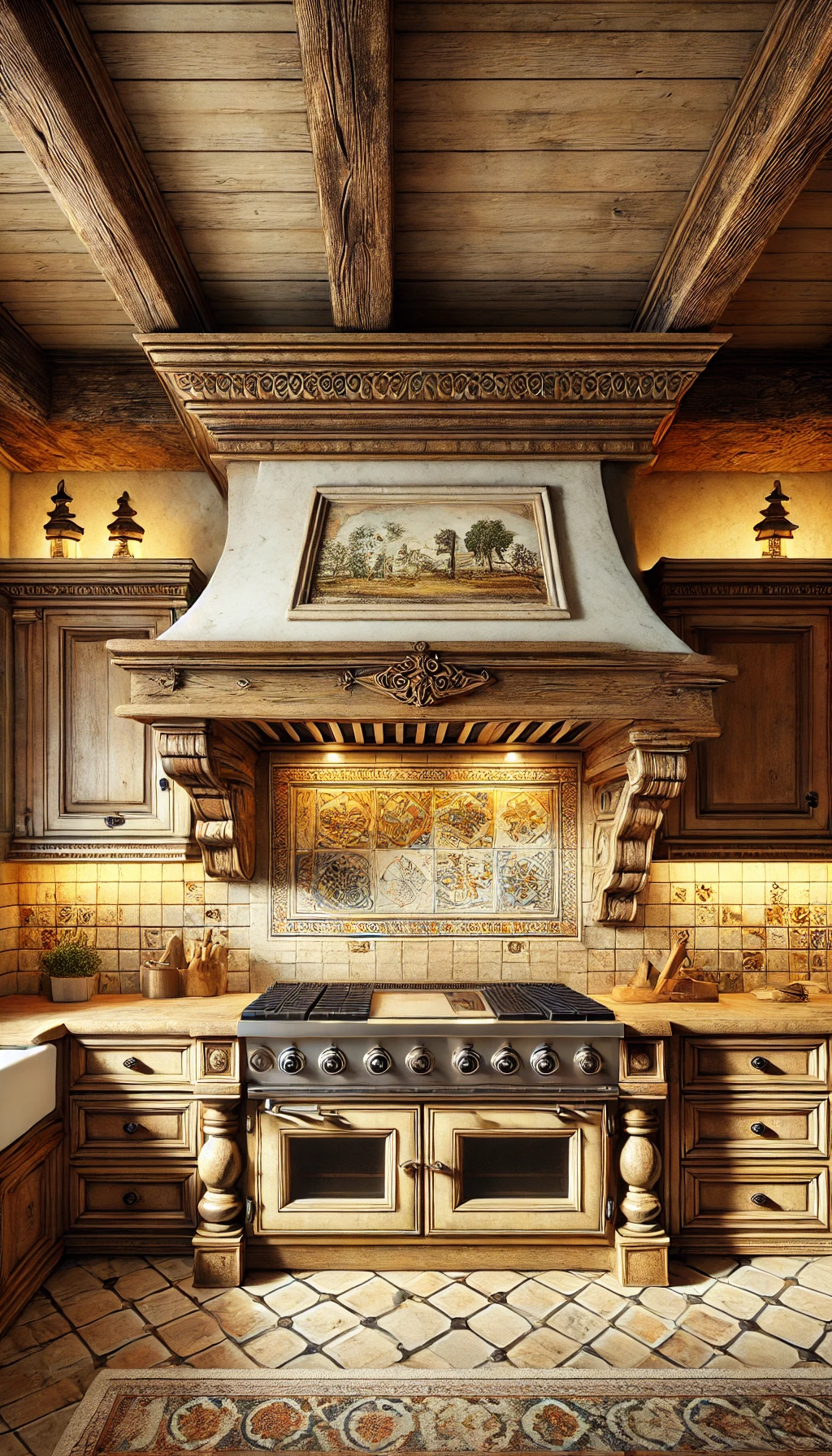 rustic European kitchen featuring a beautifully crafted rustic range hood