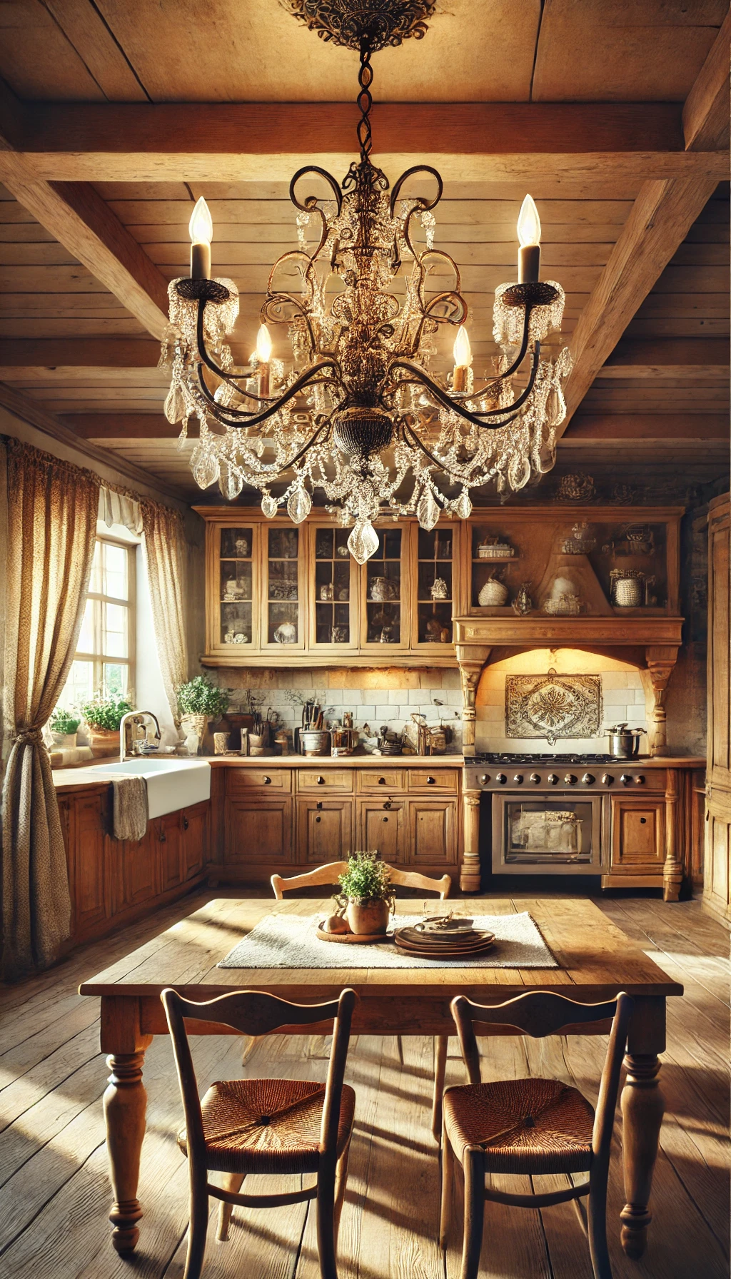 rustic European kitchen featuring a vintage chandelier with wrought iron and crystal details