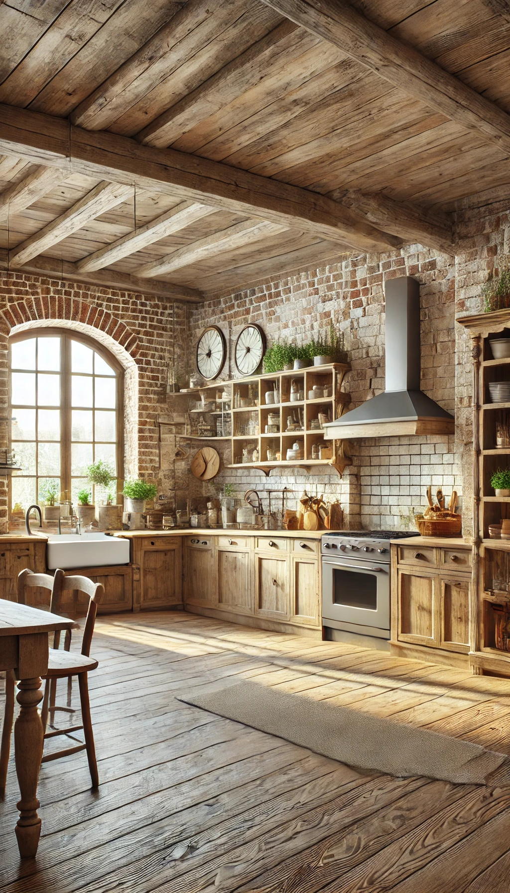 rustic European kitchen featuring aged brick walls