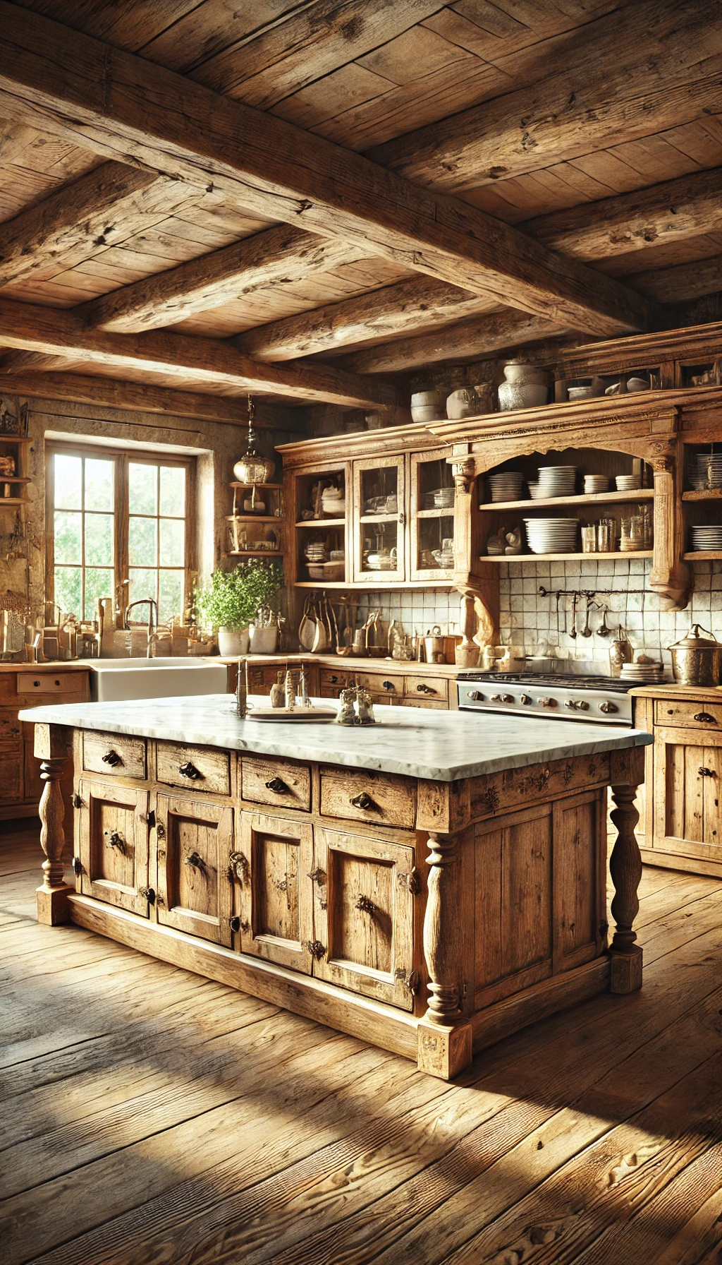 rustic European kitchen featuring an antique kitchen island