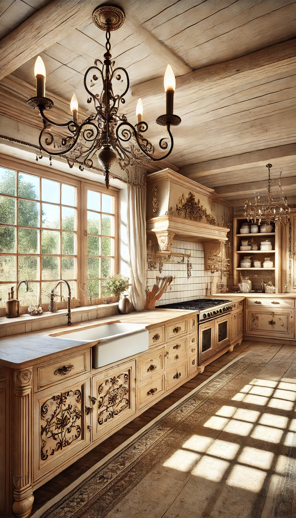 rustic European kitchen featuring elegant wrought iron details