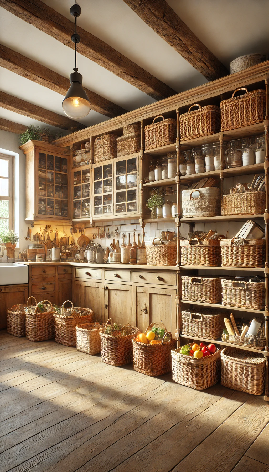 rustic European kitchen featuring woven basket storage