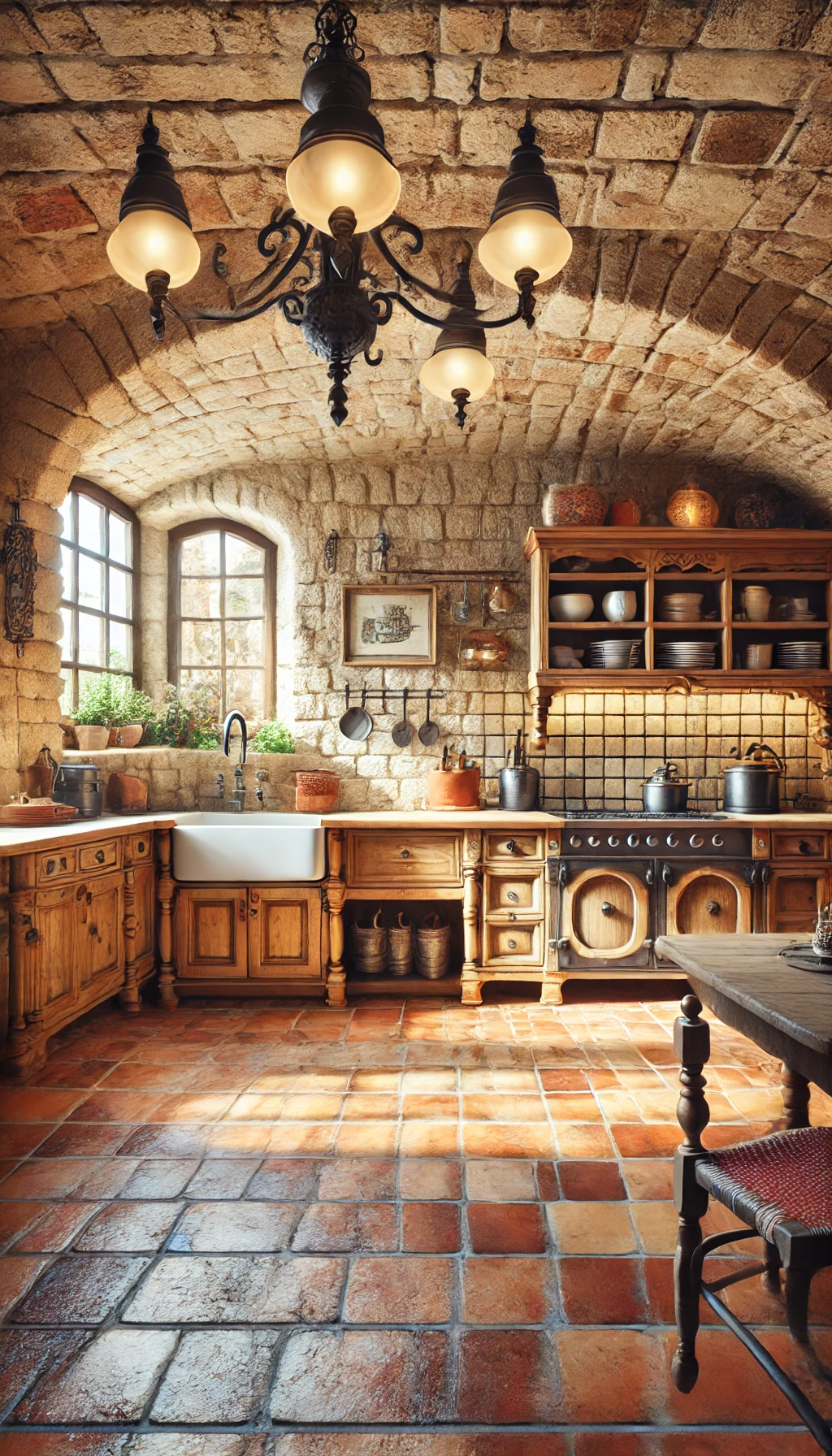 rustic European kitchen with natural stone walls