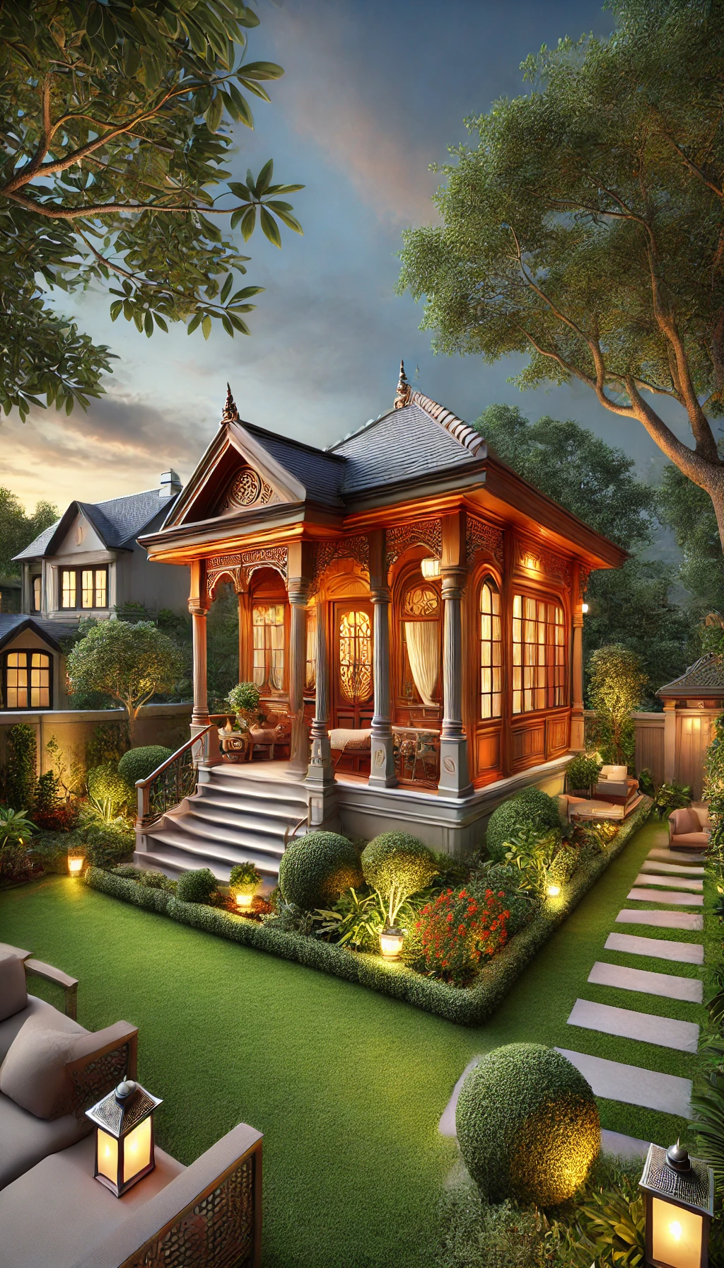 A beautifully designed backyard guest house showcasing Traditional Elegance