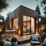 A beautifully designed modern backyard guest house with large windows, cozy outdoor seating, and warm ambient lighting at dusk