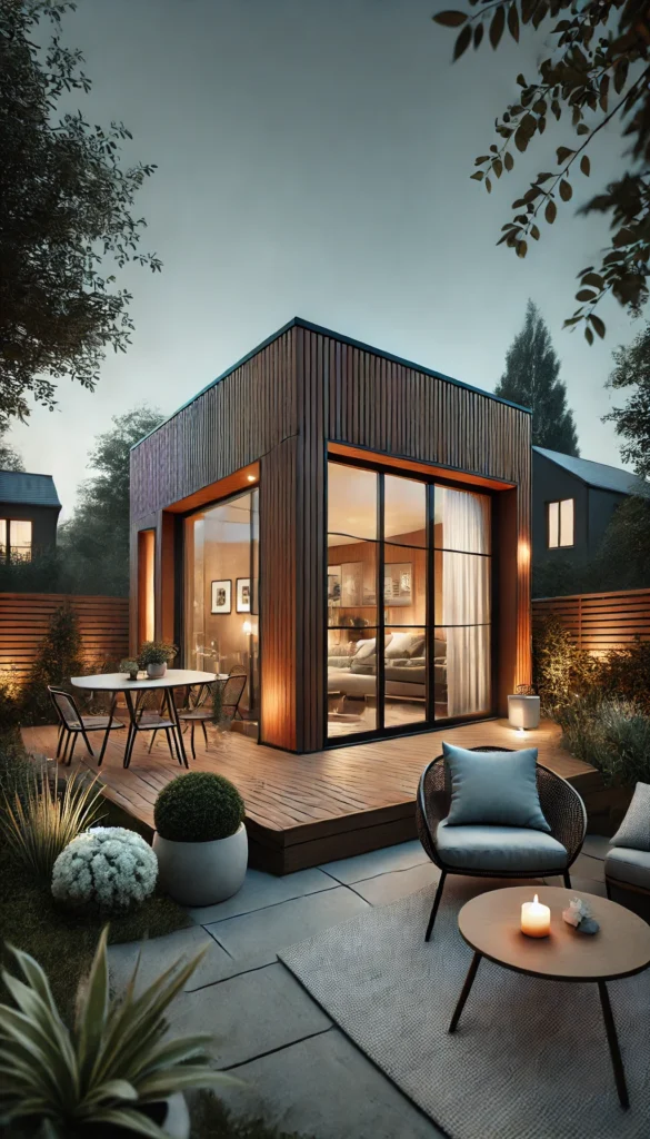 A beautifully designed modern backyard guest house with large windows, cozy outdoor seating, and warm ambient lighting at dusk