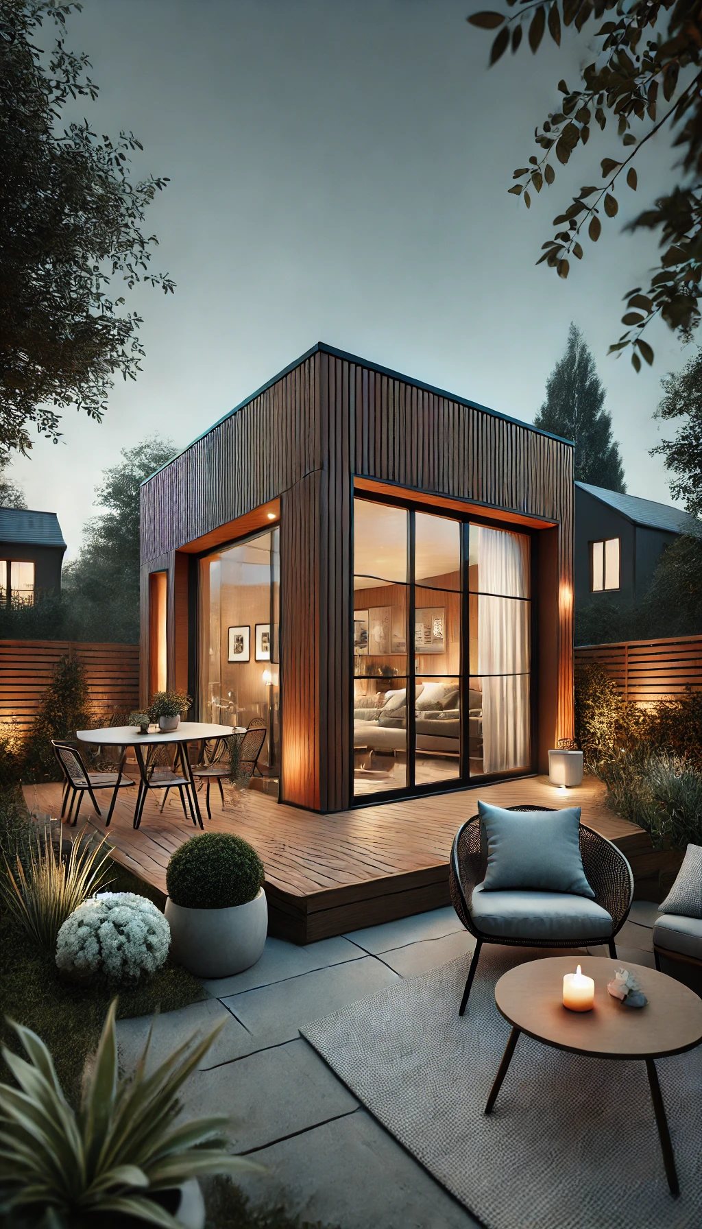 A beautifully designed modern backyard guest house with large windows, cozy outdoor seating, and warm ambient lighting at dusk