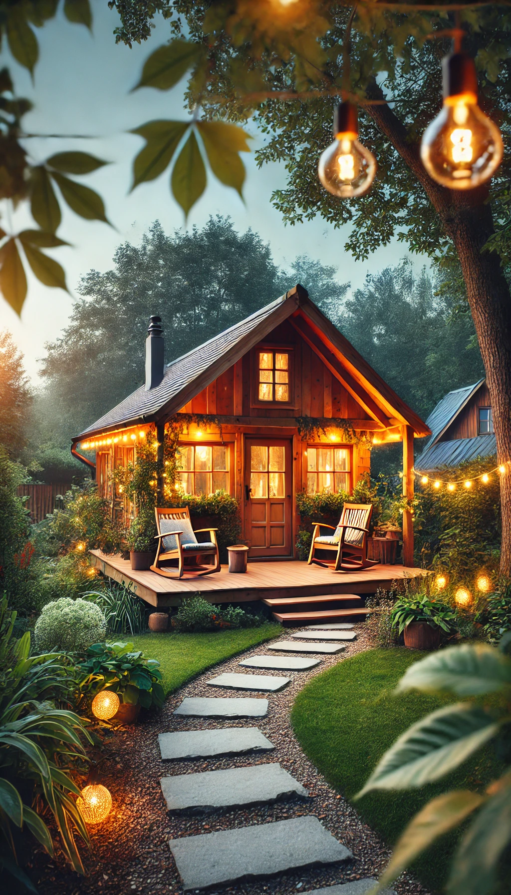 A charming rustic backyard guest house with a wooden cabin-style exterior, surrounded by lush greenery and warm string lights