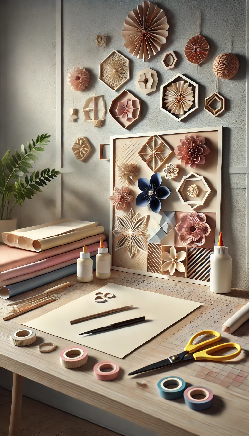 A creative DIY workspace with neatly arranged colored paper, scissors, glue, and a pencil on a table