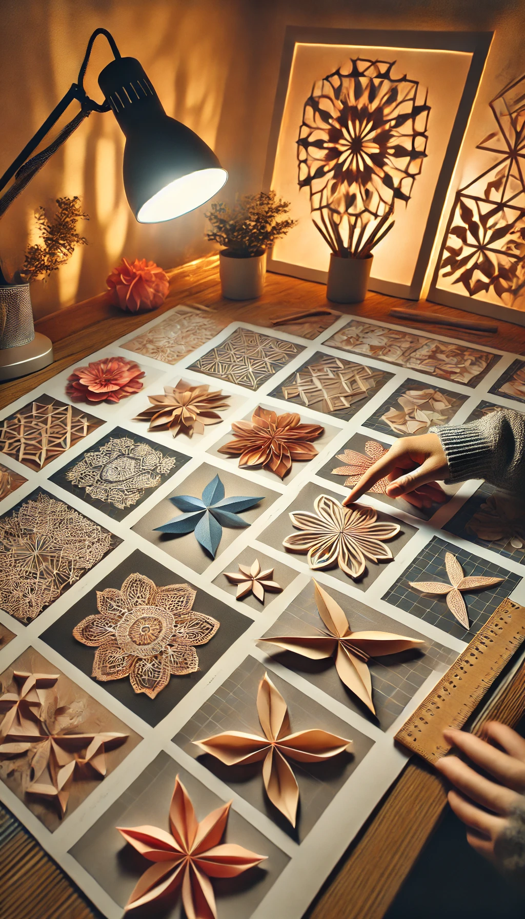 A person selecting a design for DIY 3D paper wall decor, browsing through various printed templates featuring floral, geometric, origami-inspired, and