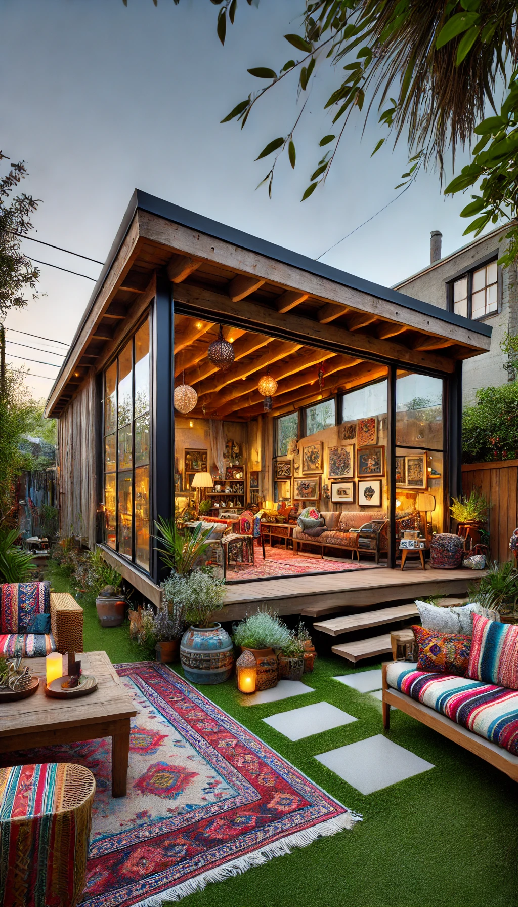 A stylish backyard guest house in an eclectic mix of architectural styles