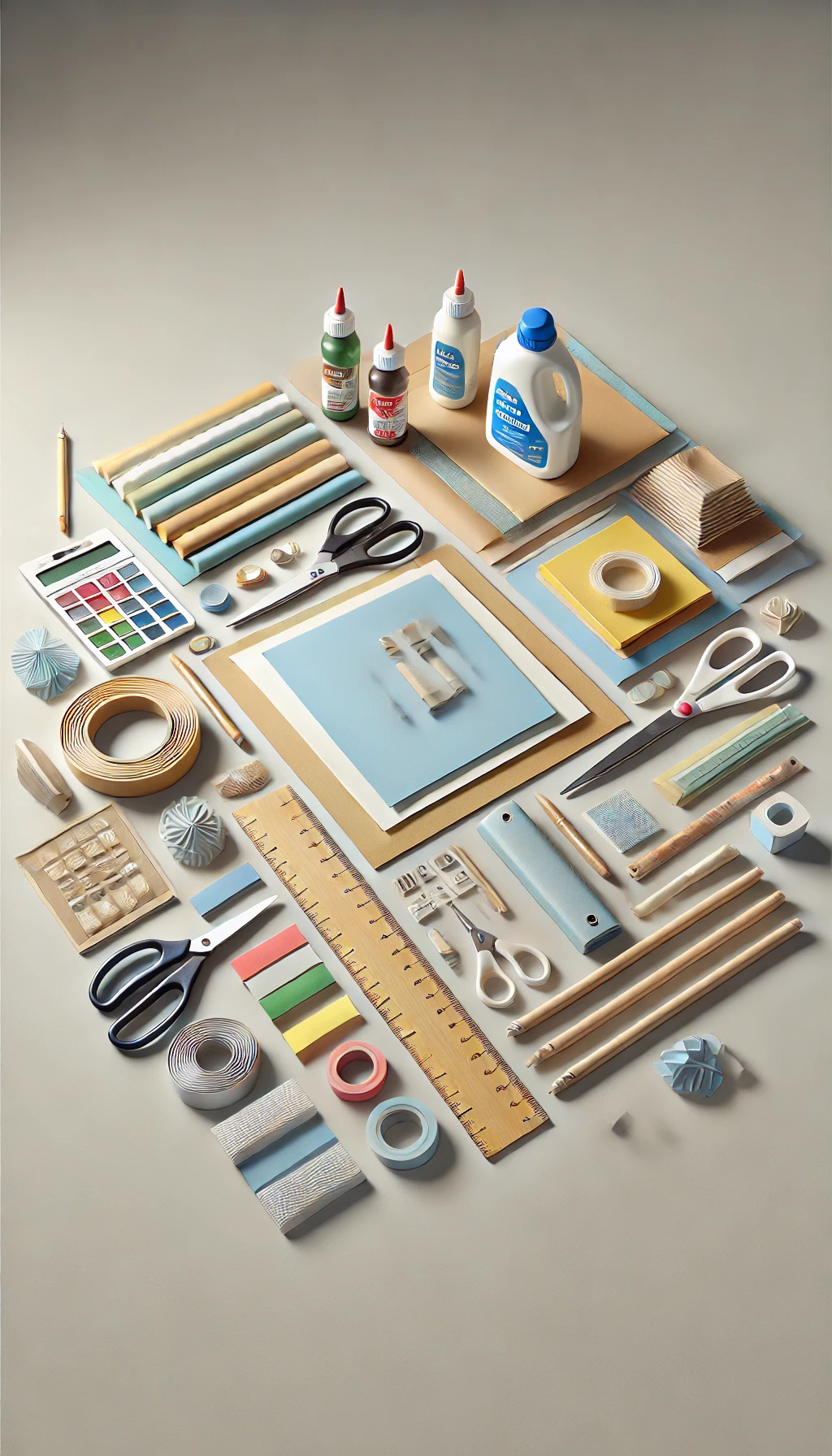 DIY materials neatly arranged on a table, including colored paper, cardstock, scissors, glue, a ruler, a pencil, and an embossing tool