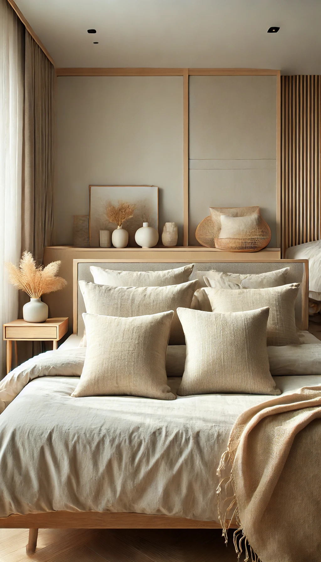 Natural linen throw pillows placed on a neatly made bed inside a modern bedroom
