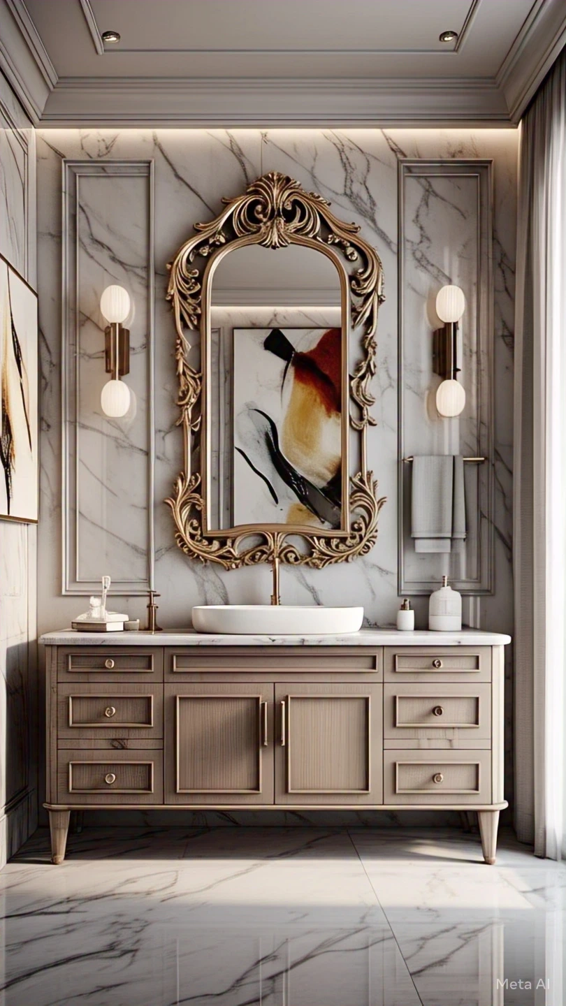 elegant bathroom design ideas Use Statement Mirrors and Wall Decor
