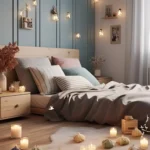 Cozy bedroom with candles and ambient lighting.