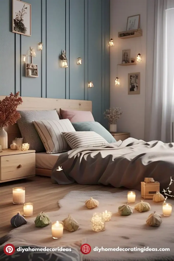 Cozy bedroom with candles and ambient lighting.