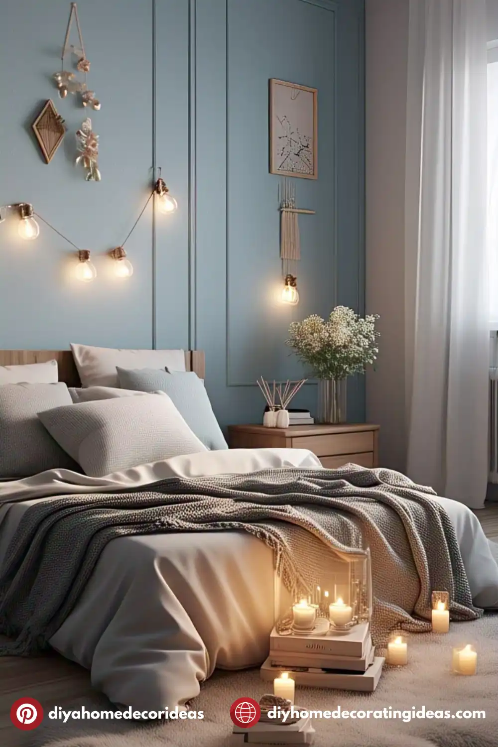 Cozy bedroom with candles and soft lighting.