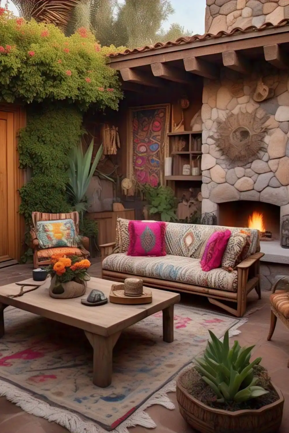 Cozy patio with fireplace and colorful decor
