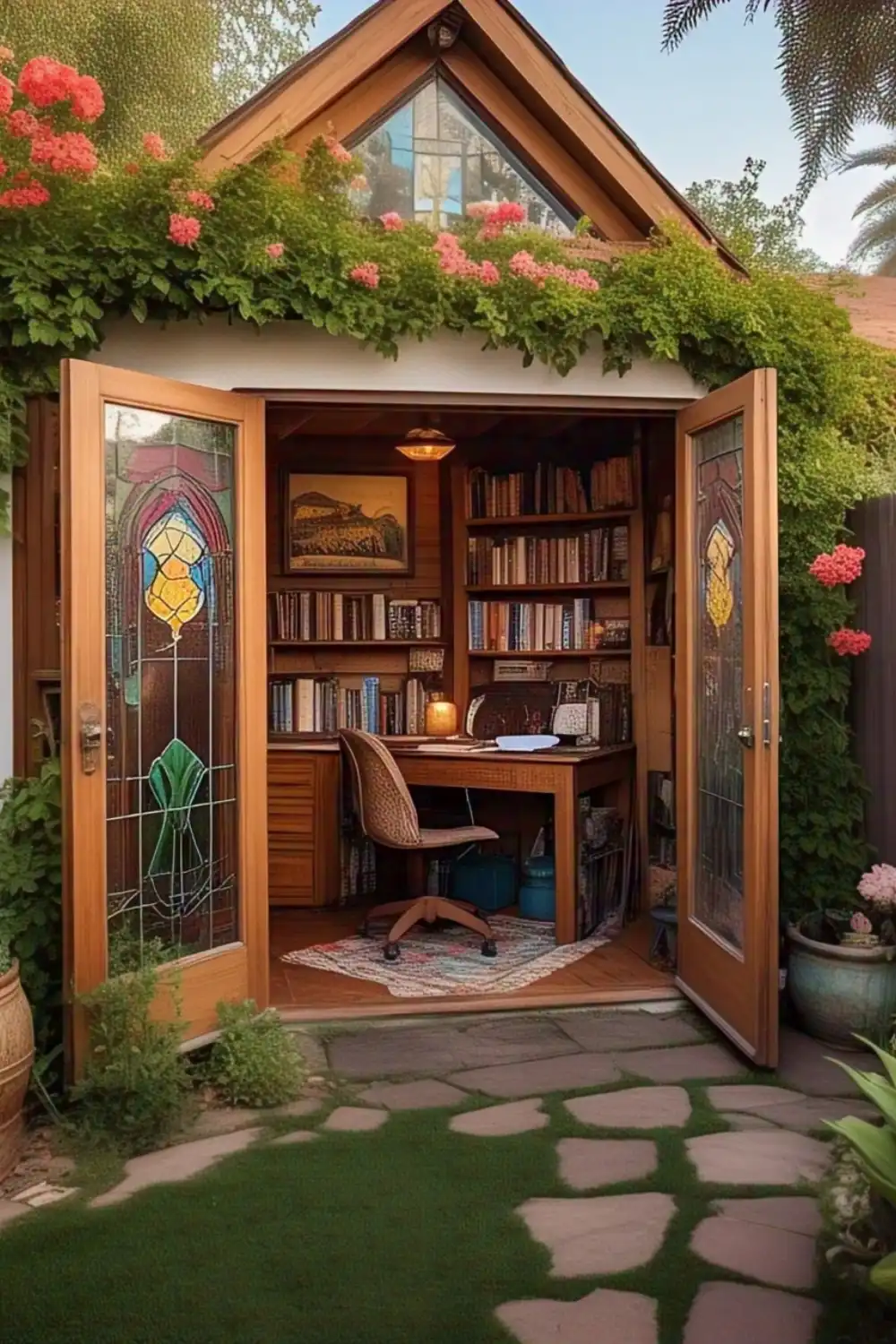 Cozy garden shed office with plants and books.
