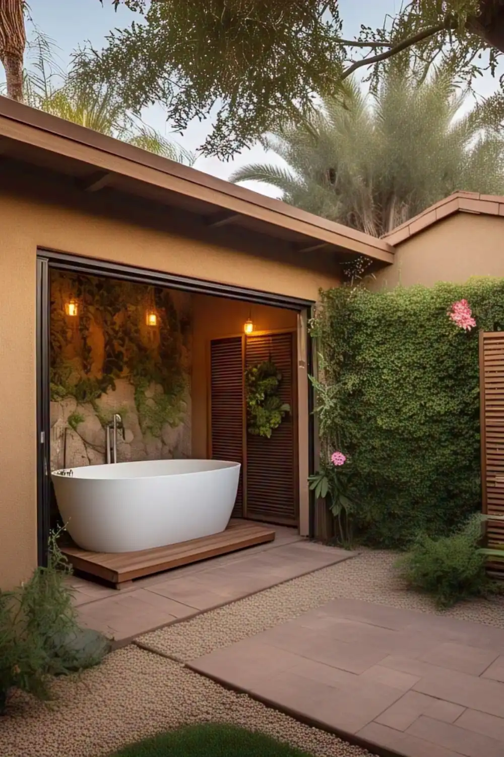 Outdoor bathtub with greenery and lighting.