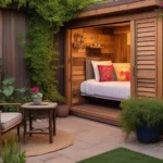 Cozy garden bedroom with wooden accents and greenery