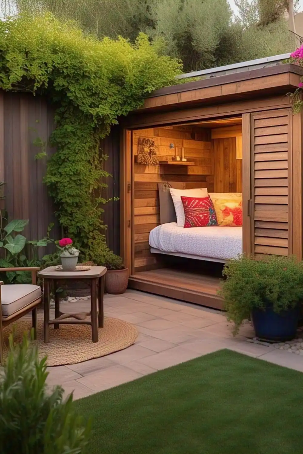 Cozy garden bedroom with wooden accents and greenery