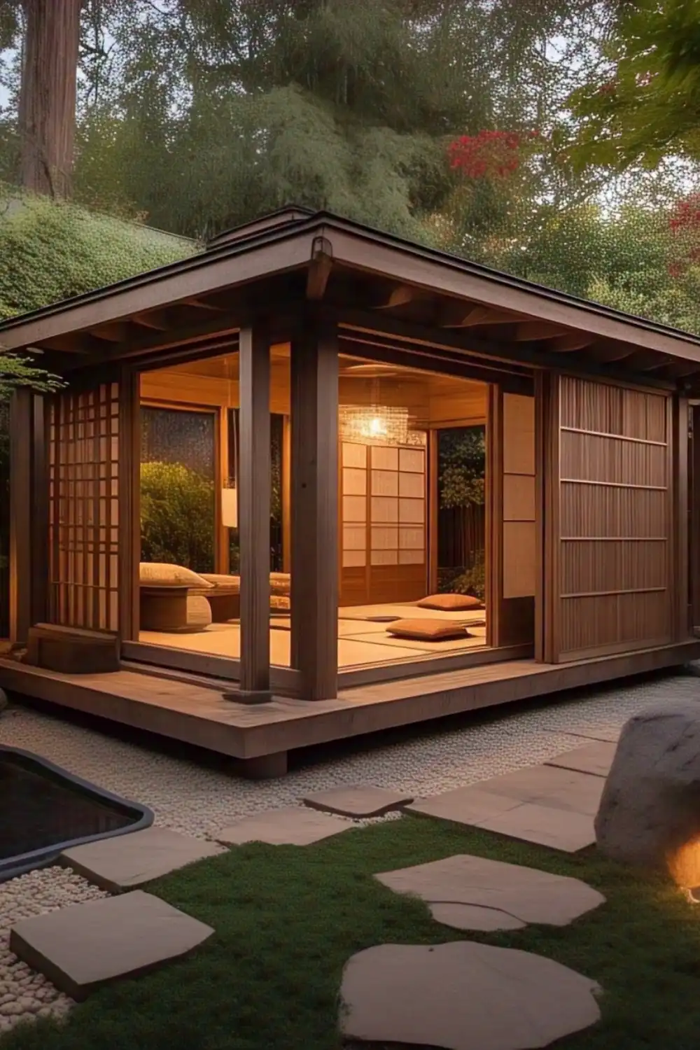 Serene Japanese tea house with garden view.