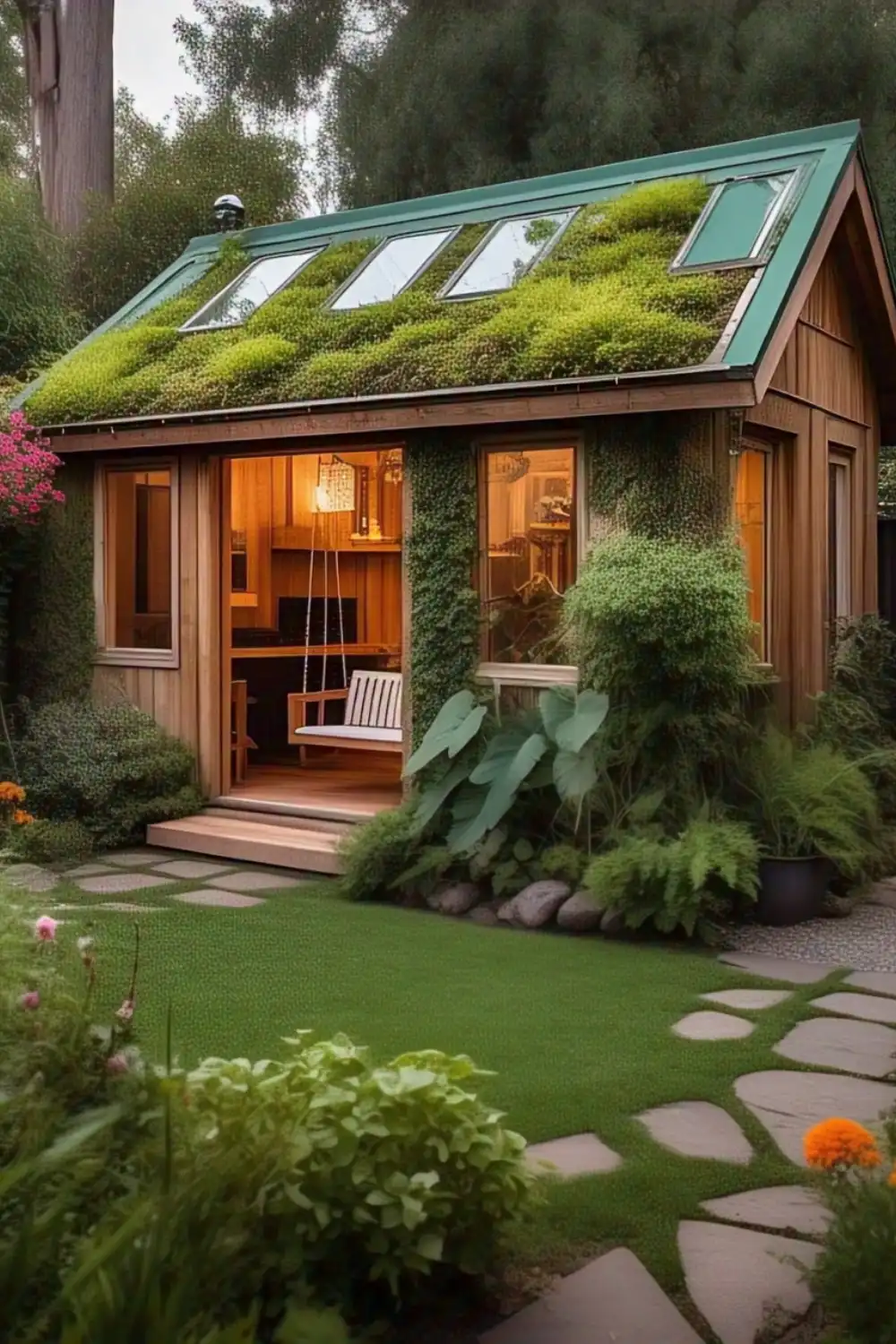 Eco-friendly tiny house with green roof and garden.