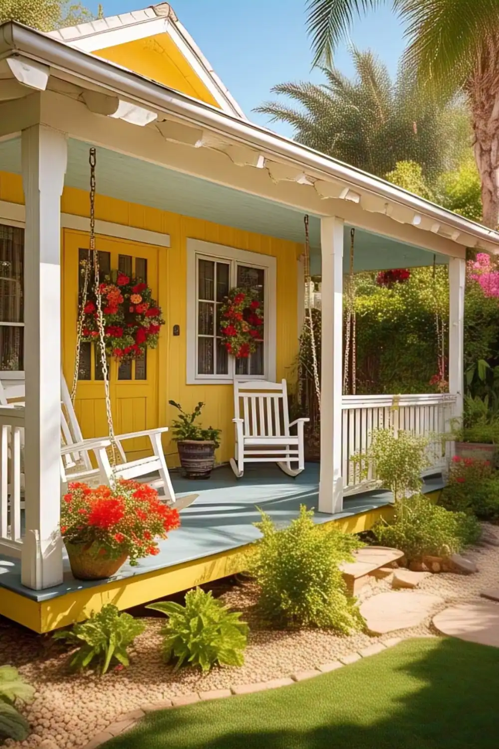 Charming yellow porch with rocking chairs, flowers.
