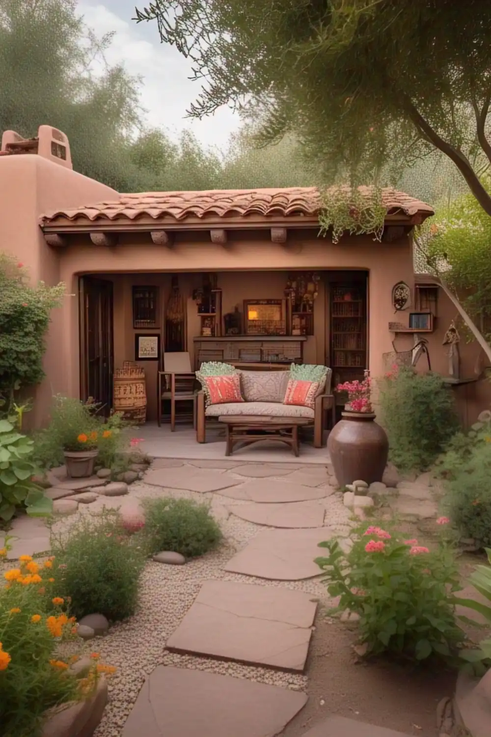 Cozy patio with plants and rustic decor.