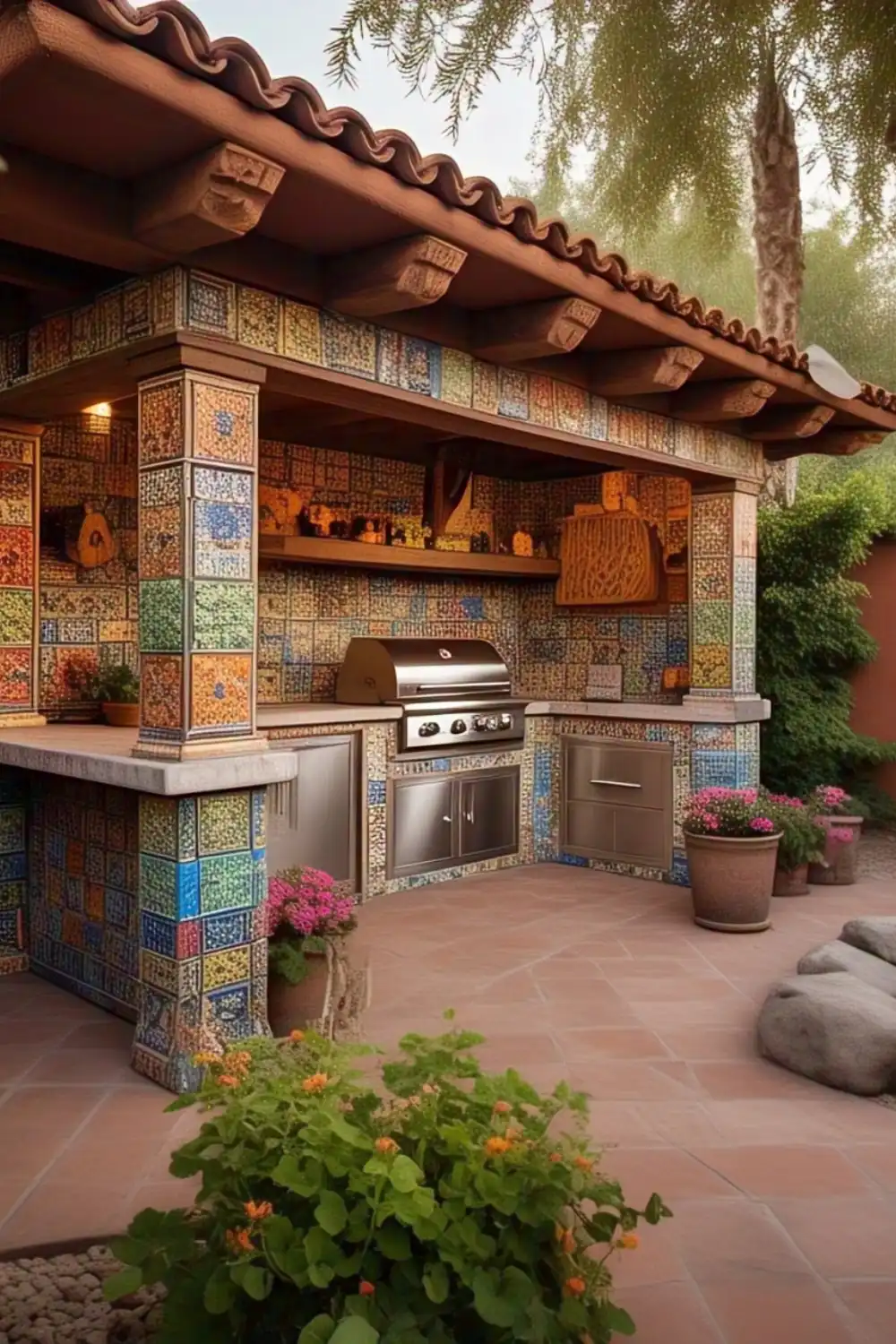 Colorful outdoor kitchen with grill and plants