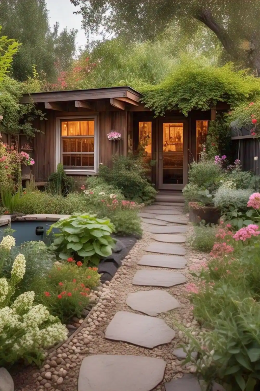 Charming garden path leads to cozy wooden house.