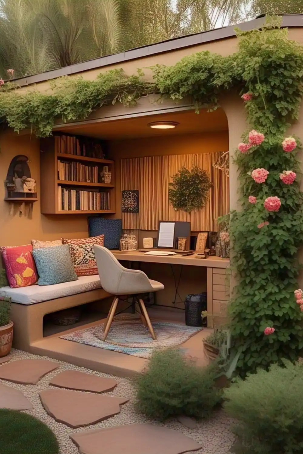 Cozy garden office with plants and books