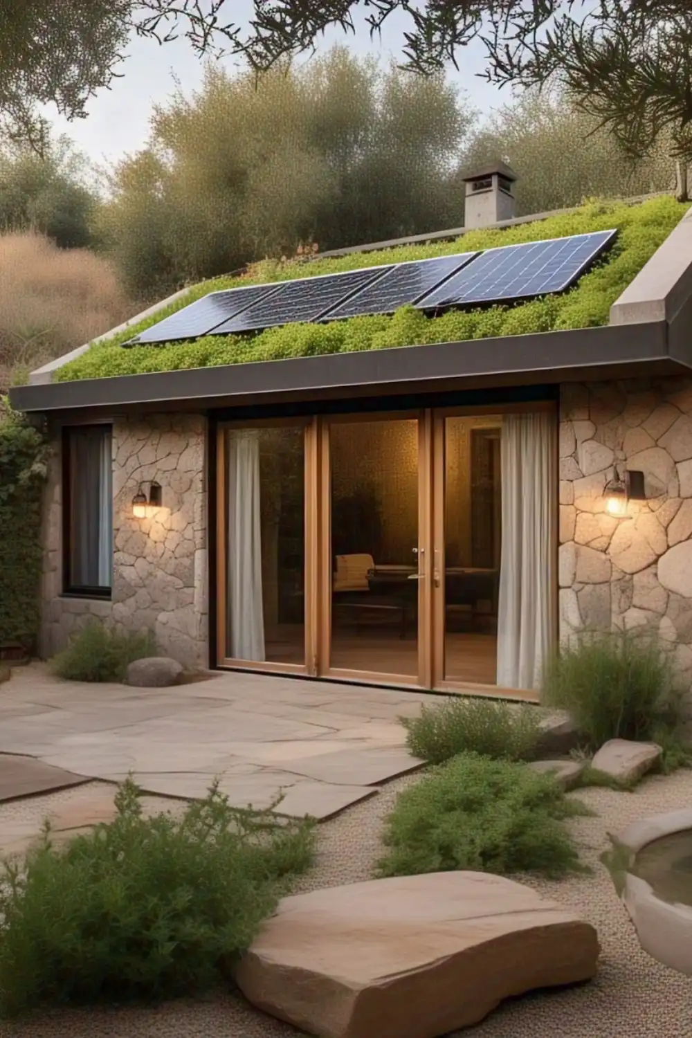 Eco-friendly house with solar panels and green roof.