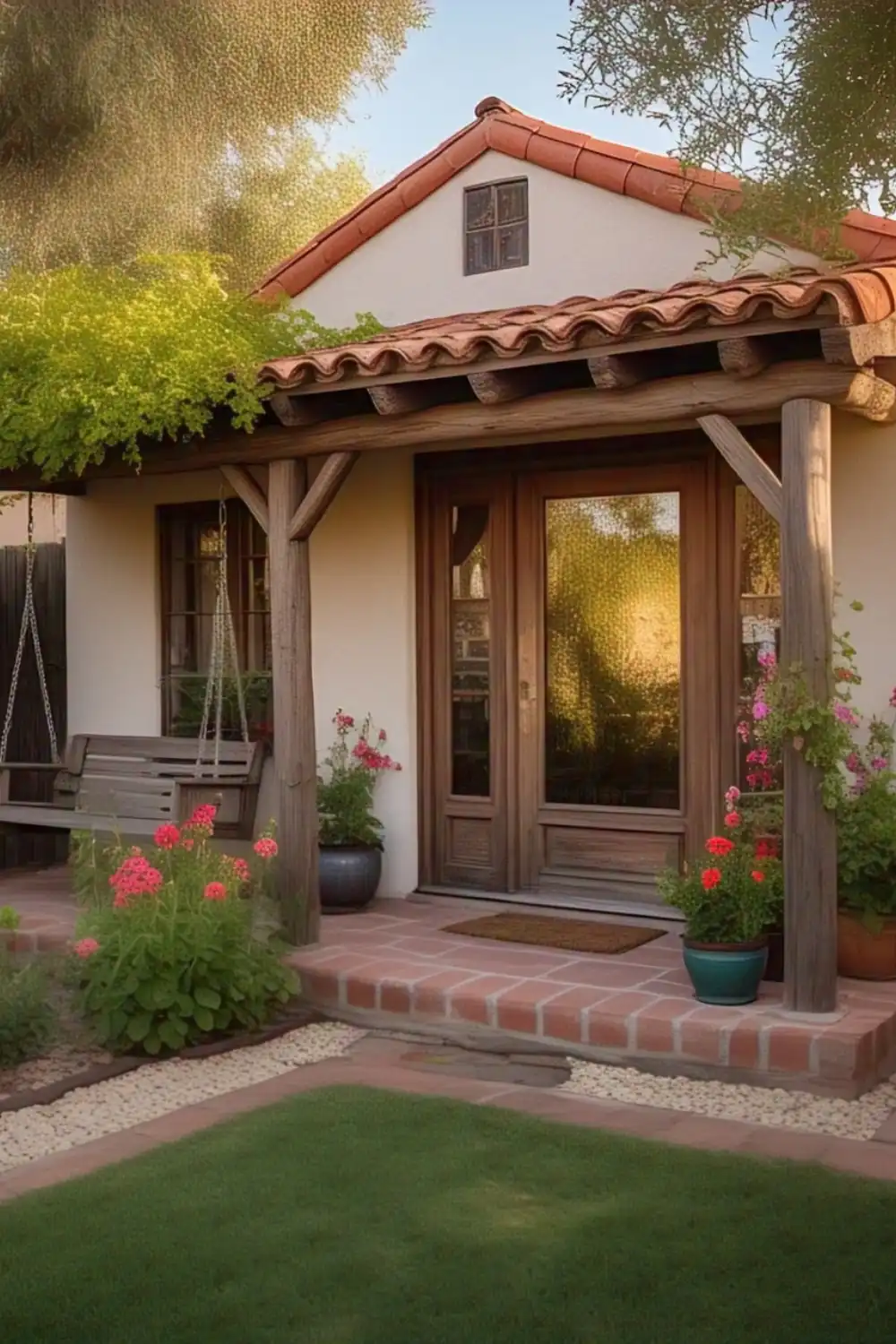 Charming cottage entrance with flowers and swing bench.