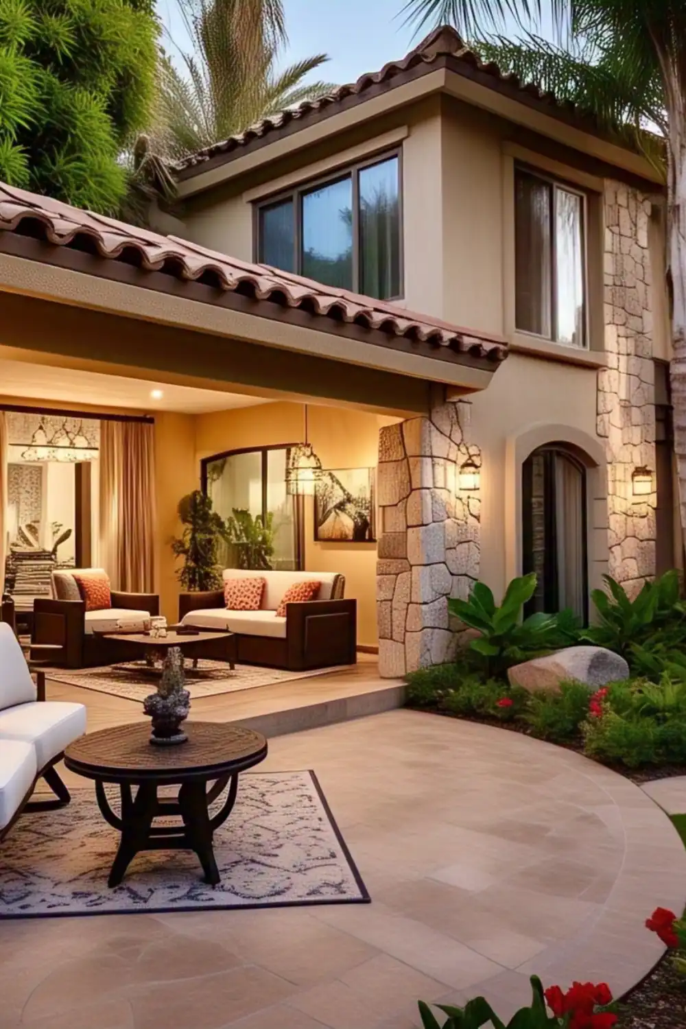 Cozy outdoor patio with seating area at sunset.