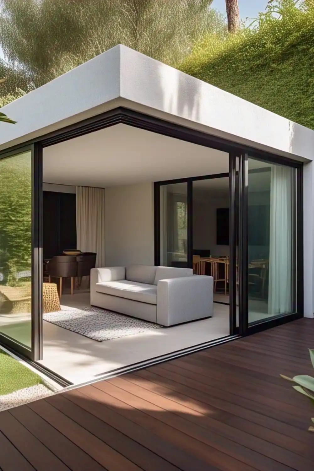 Modern glass-walled room with sofa and patio view.