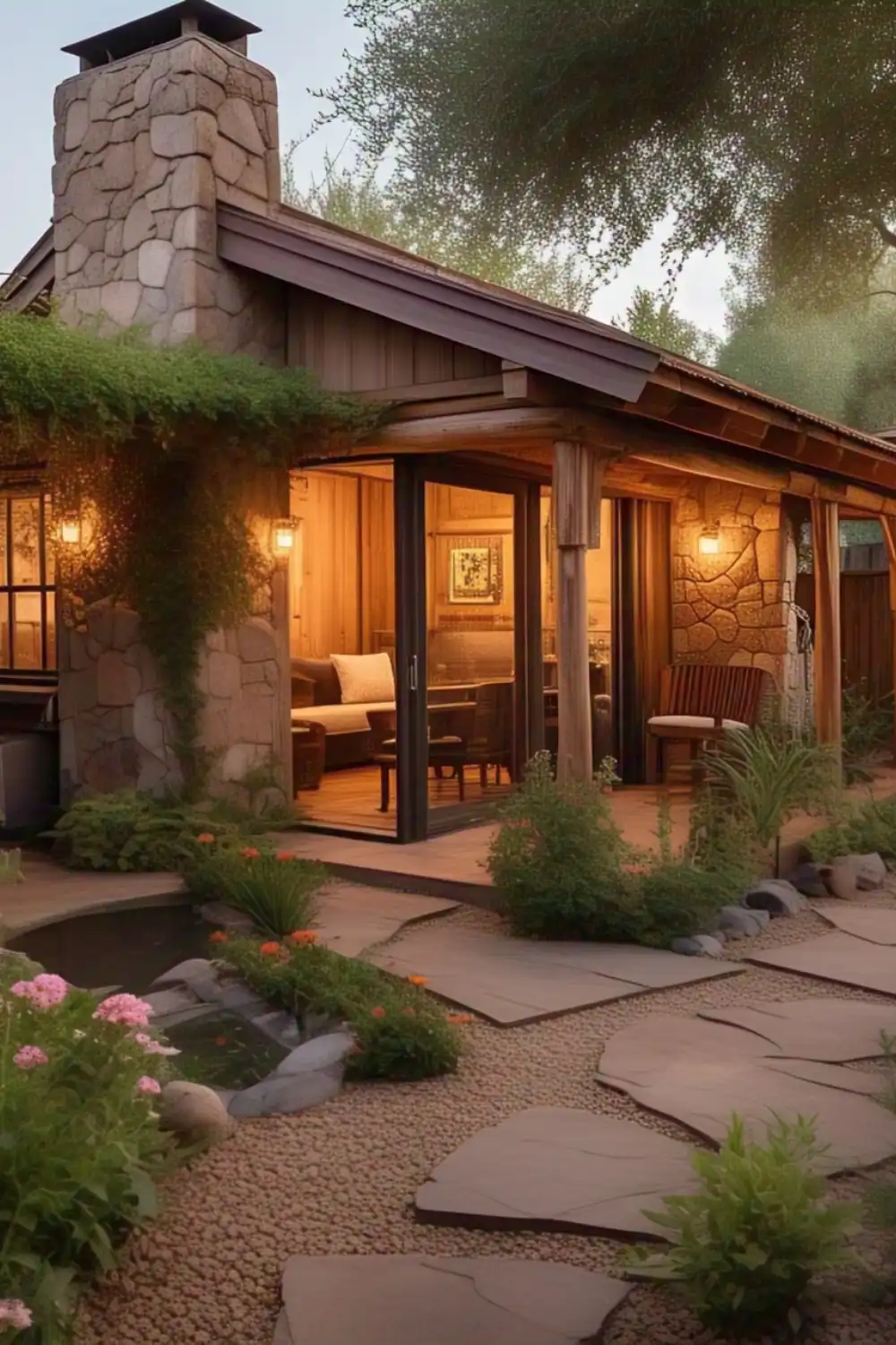Cozy cottage with garden path at dusk.
