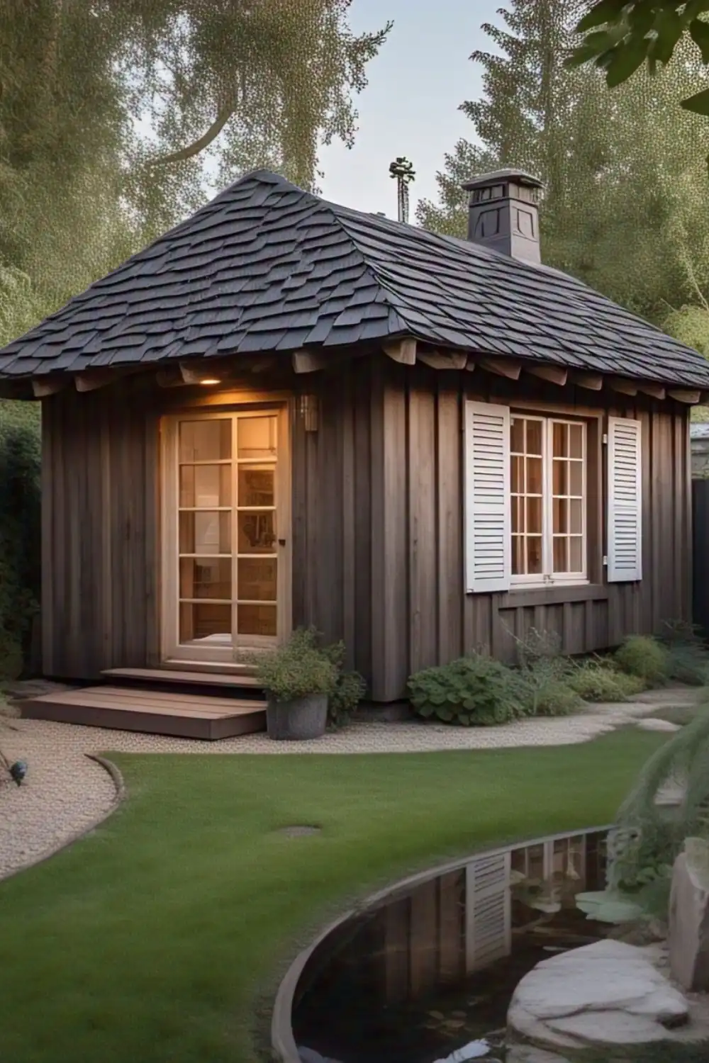 Cozy wooden garden shed with lush surroundings.