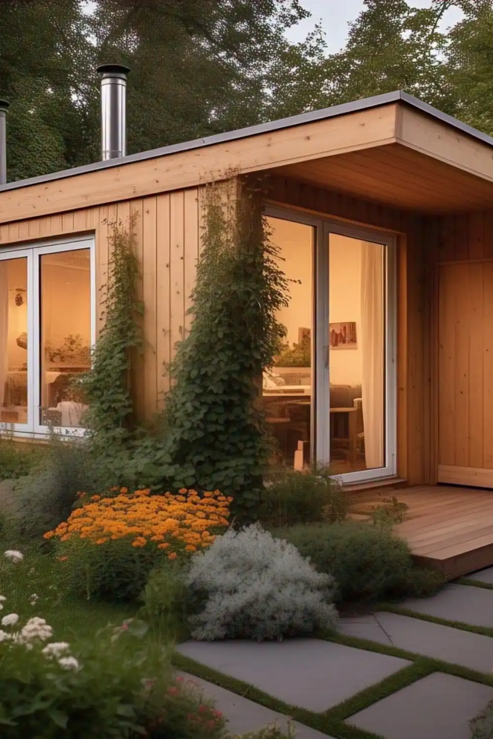 Cozy wood cabin with garden at dusk