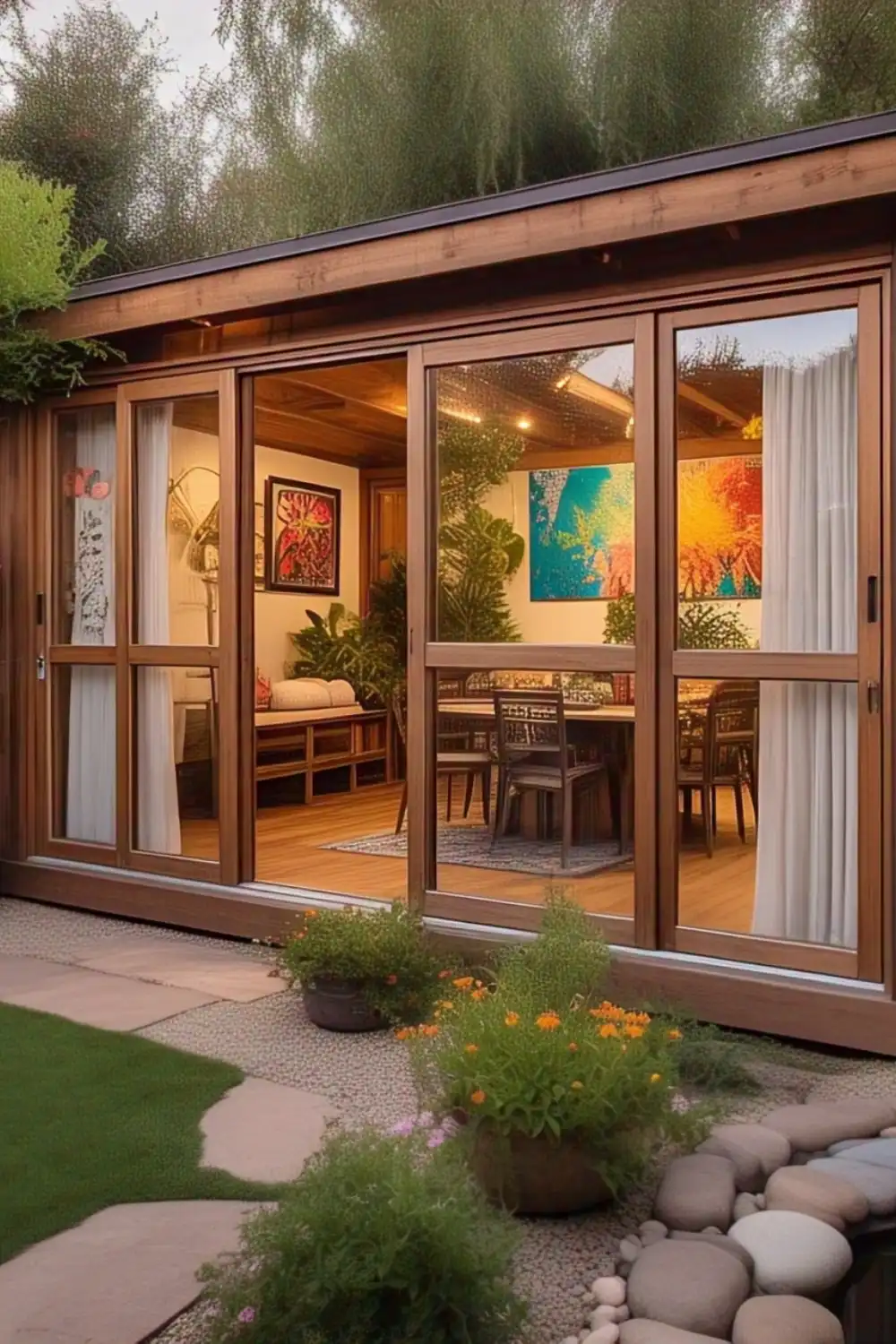 Cozy garden room with glass doors and plants.