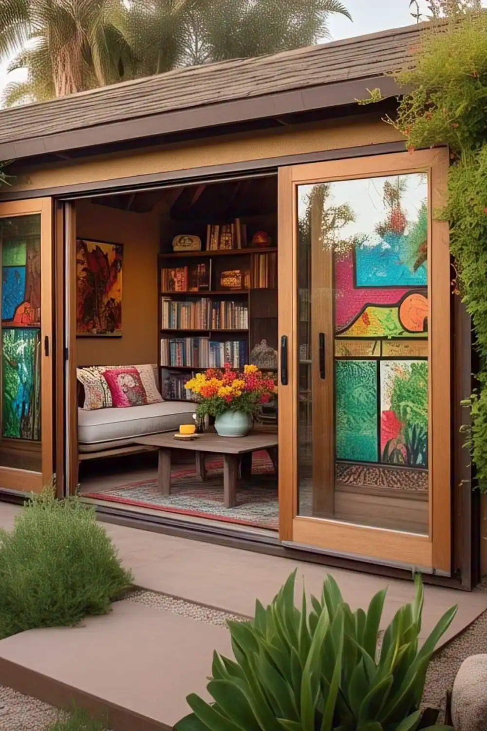 Cozy reading nook with colorful art and plants.
