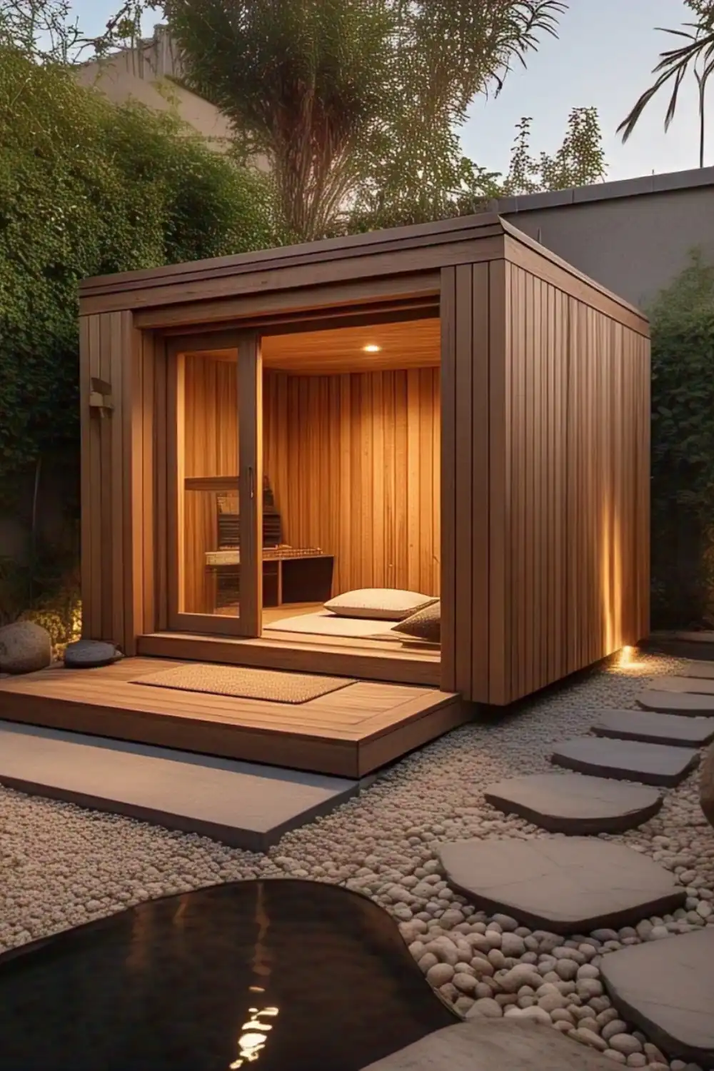 Modern wooden sauna with garden path